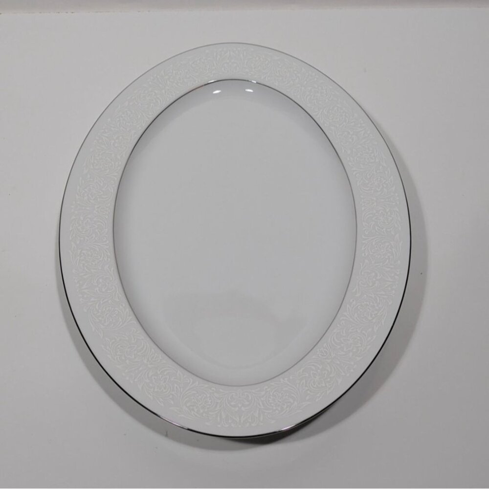 Majestic China Japan Plymouth Oval Serving Platter White Silver Floral Elegant